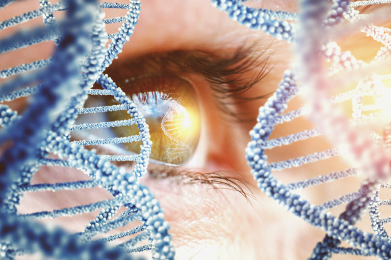 Person's eye and DNA helix to suggest inspection of DNA and genes
